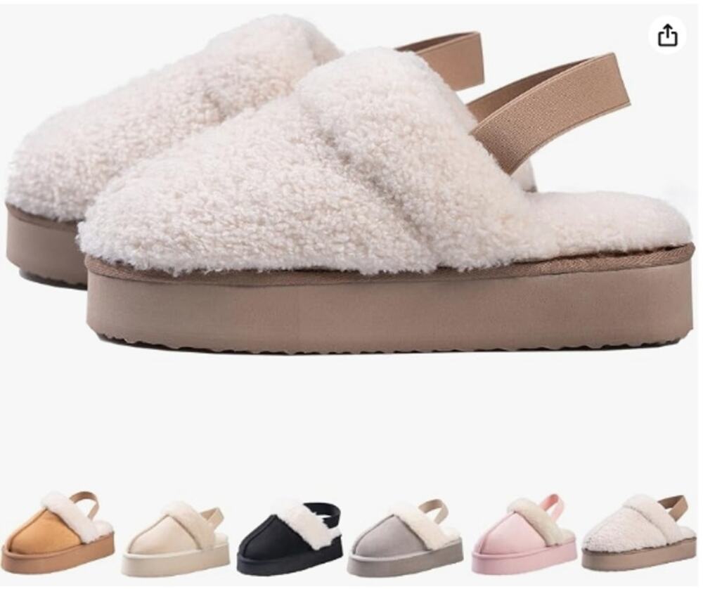 Women's Platform Fuzzy Slippers Suede Off White Fleece Strap Size 9 NIB